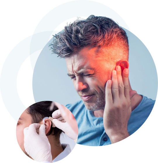 Hombre con zumbido de oídos y audífono médico — Otoryx apoya la salud auditiva y reduce el tinnitus con 6 activos naturales